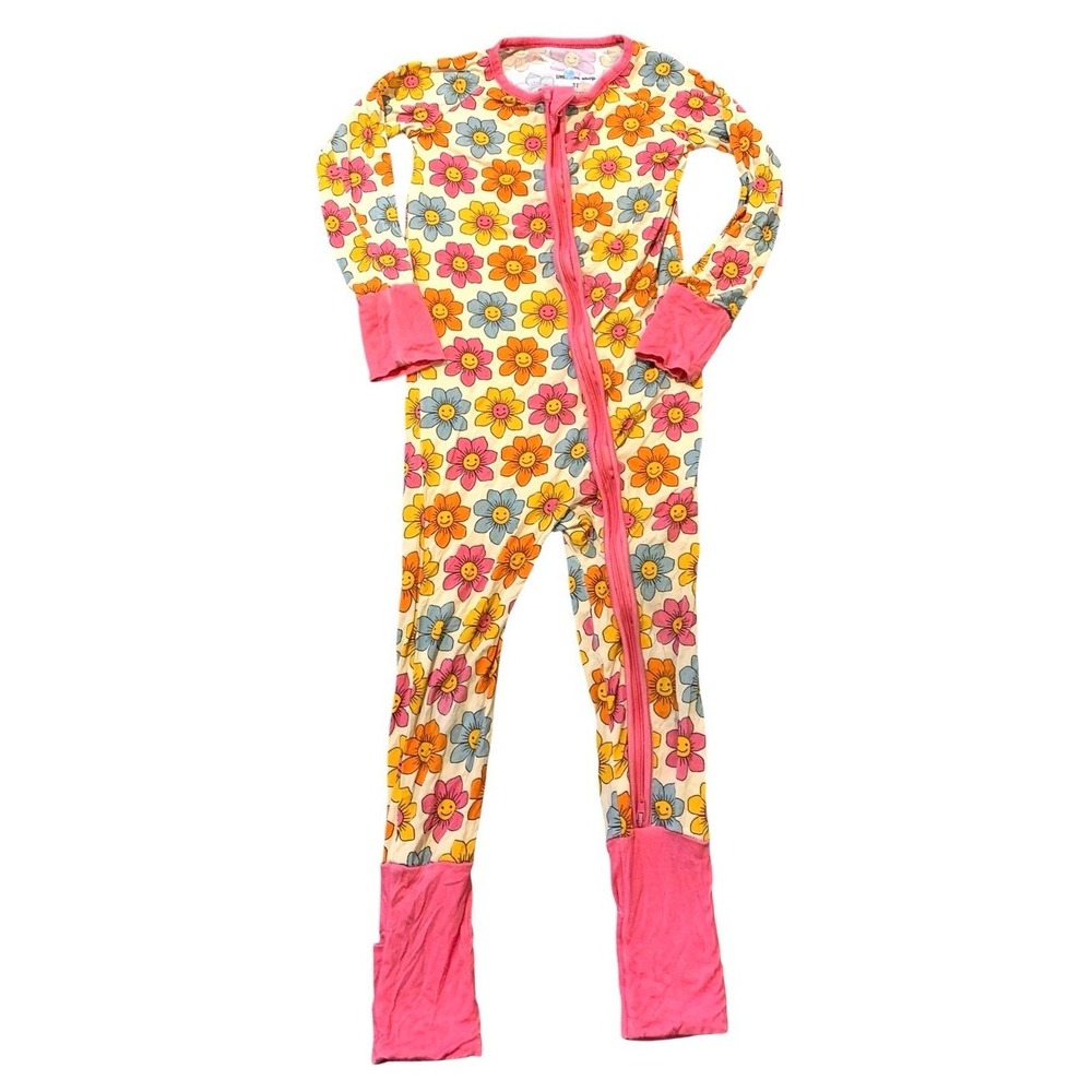 Little One Shop Bamboo Sleeper Pajamas 3T Smiley Flower Print Zip Romper Pink Re